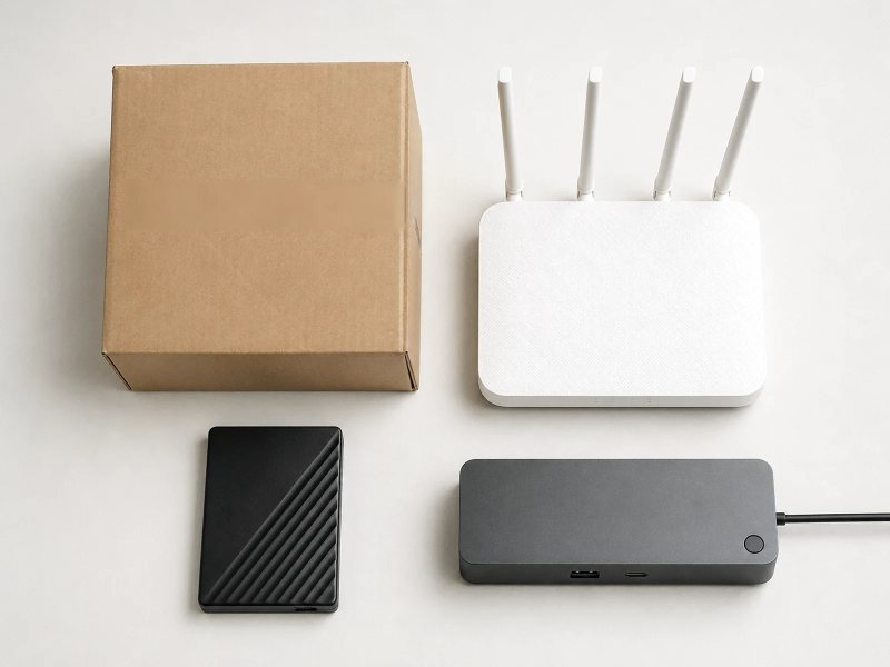 Top-down view of IT hardware on a desk — a shipping carton, a white Wi-Fi router, a black portable hard drive and a USB-C docking station