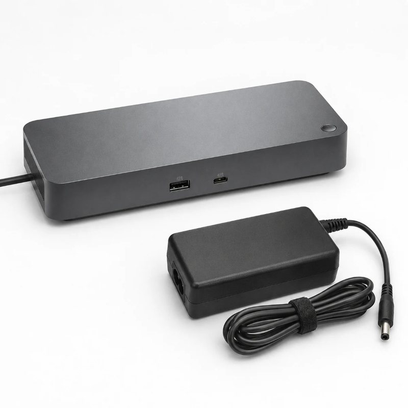 USB-C docking station and laptop power adapter supplied by Aureval, Nehru Place Delhi