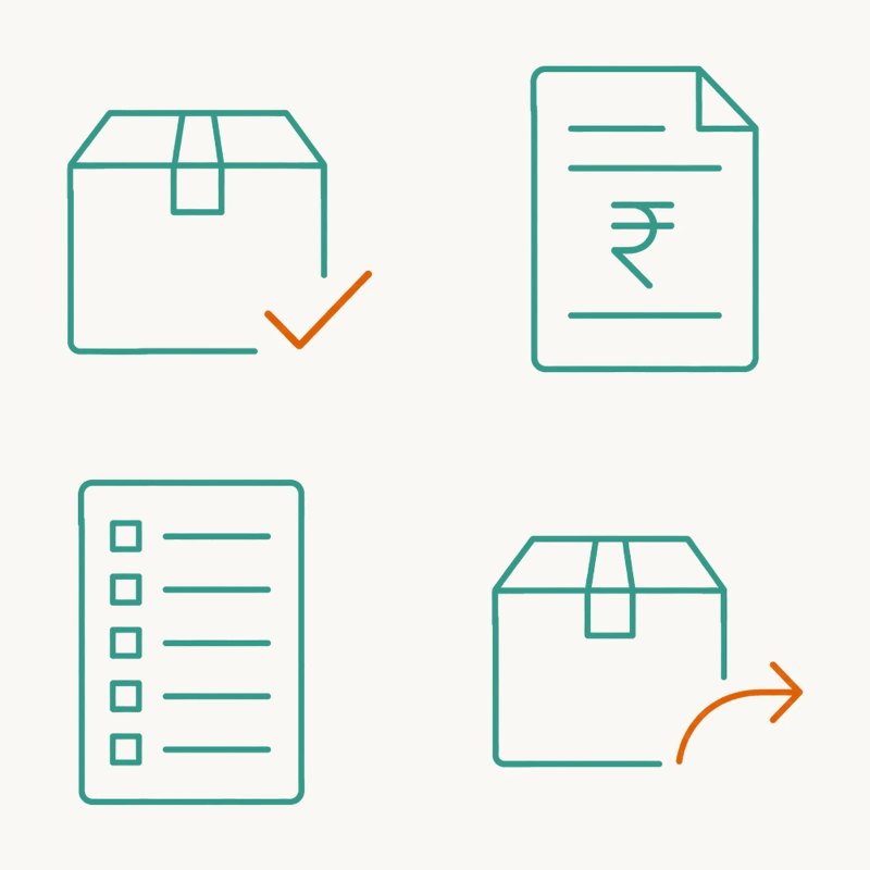 Four line icons: sealed carton with a check mark, GST invoice in rupees, itemised checklist, and a carton dispatched pan-India