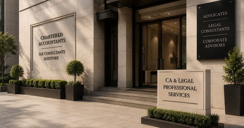 Entrance signage of a professional-services building — Chartered Accountants, Tax Consultants, Auditors, Advocates, Legal Consultants and Corporate Advisors