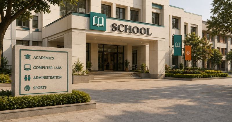 Entrance and signage of a school building — Academics, Computer Labs, Administration and Sports