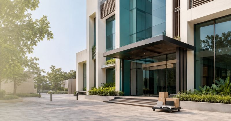 Delivery of laptops and cartons at the entrance of a modern glass office building