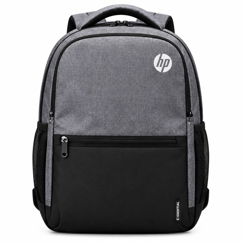 A grey and black HP Essential backpack with a front organizer pocket, mesh side pockets, and padded straps