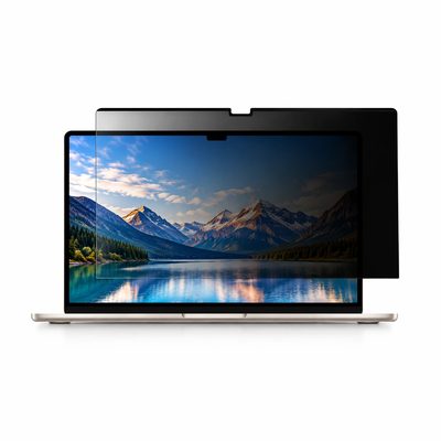 A MacBook-style laptop with a privacy filter panel being fitted, the screen darkened from the side and clear head-on