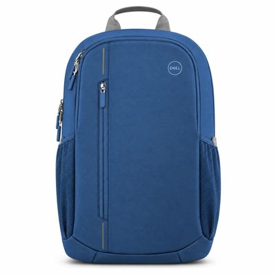 A Dell backpack in blue with a slim rounded profile and a vertical front zip pocket