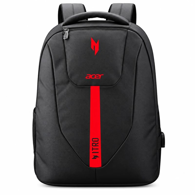 A black Acer Nitro backpack with a red front stripe, padded straps and a side USB port