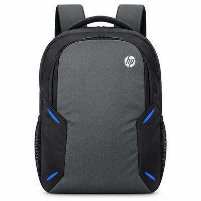 An HP backpack in black and grey with blue accent details and mesh side pockets