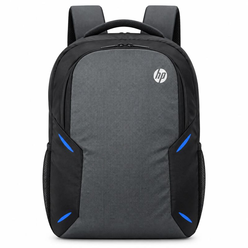 A black and grey HP backpack with blue accent details, padded straps and mesh side pockets
