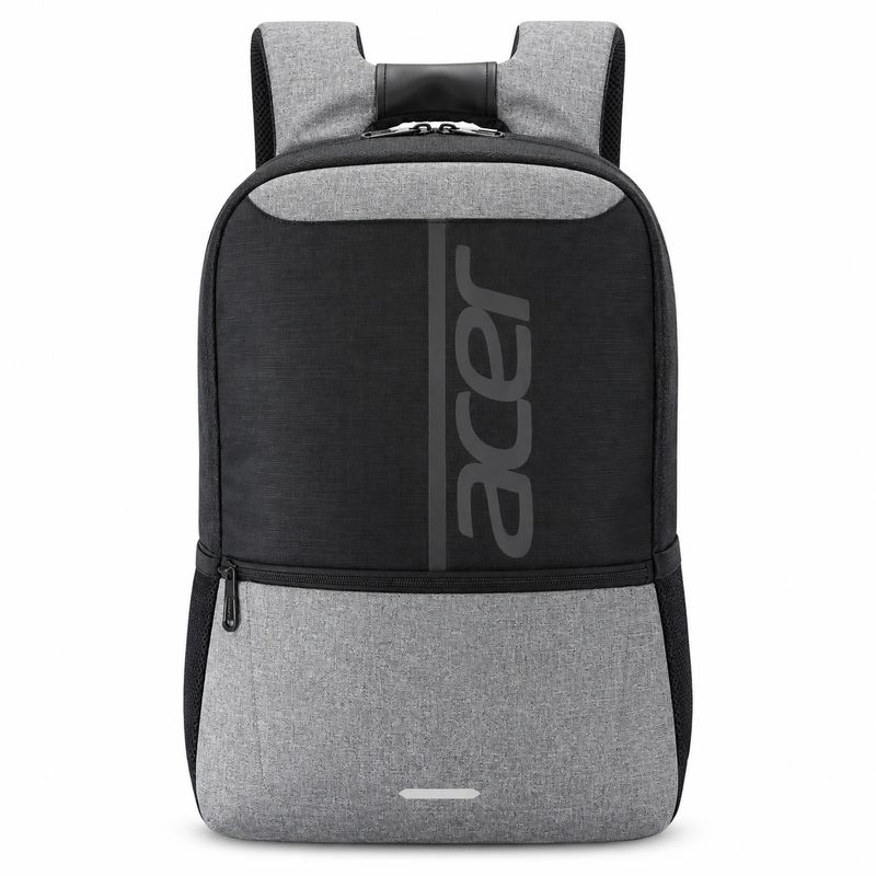 A black and heather-grey Acer backpack with vertical Acer branding, a lower zip pocket and mesh side pockets