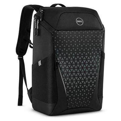 A Dell backpack in black with a triangle-pattern front panel and a diagonal front zip