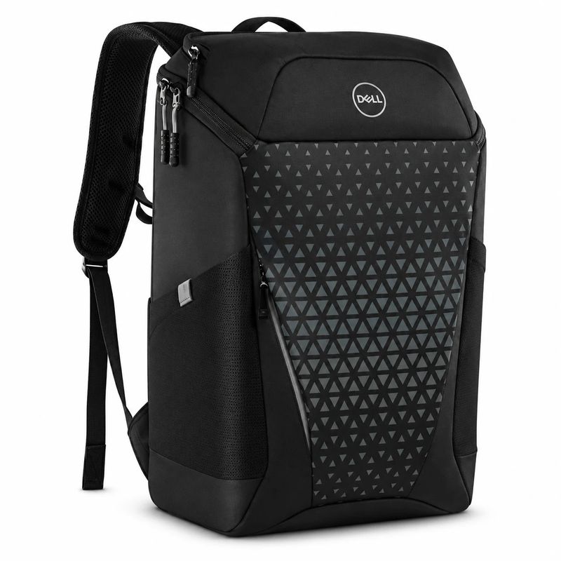A structured black Dell backpack with a triangle-pattern front panel, diagonal zip and padded mesh shoulder straps