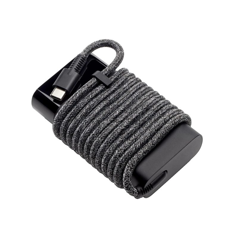 A black HP 65W USB-C laptop charger with a braided grey cable wrapped around the adapter and a USB-C connector