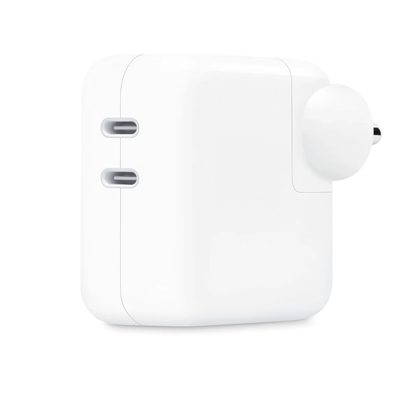 A white Apple 35W dual USB-C port power adapter with two USB-C ports and a folding plug