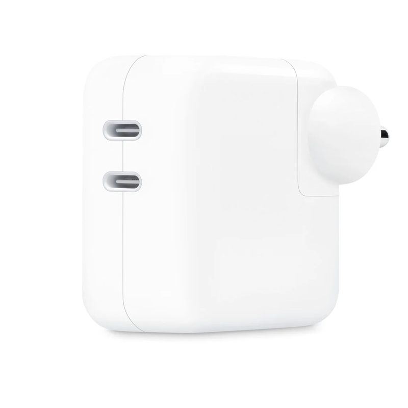 A white Apple 35W dual USB-C port power adapter with two USB-C ports and a folding plug