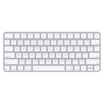 A white and silver Apple Magic Keyboard with US English layout