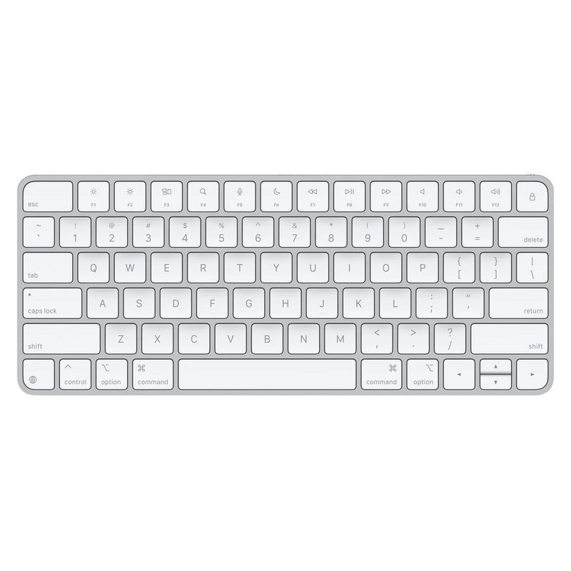 A white and silver Apple Magic Keyboard with US English layout and a lock key at the top right