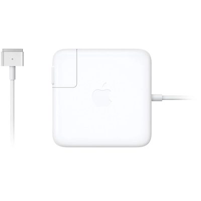 A white Apple 60W MagSafe 2 power adapter with a magnetic T-shaped connector and a folding plug