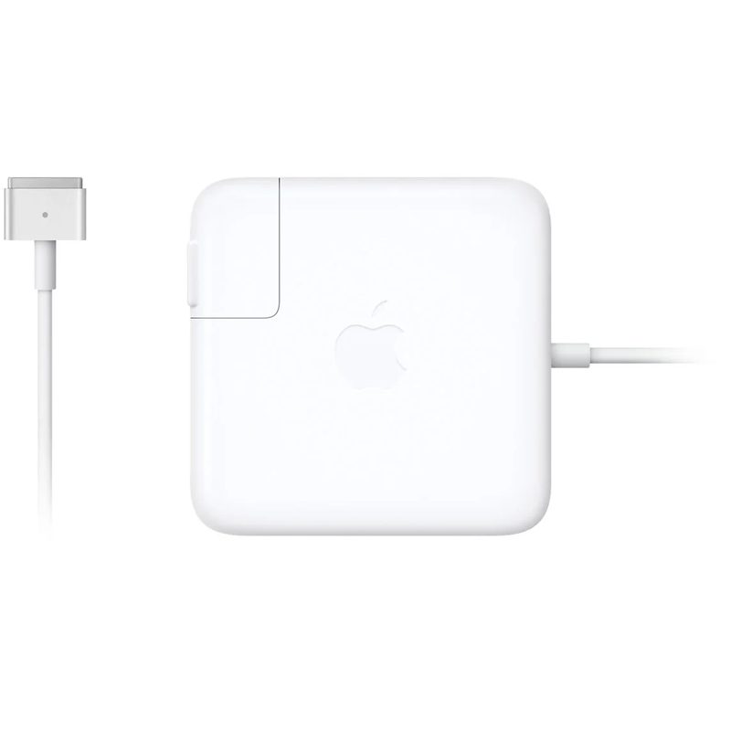A white Apple 60W MagSafe 2 power adapter with a magnetic T-shaped connector and a folding plug