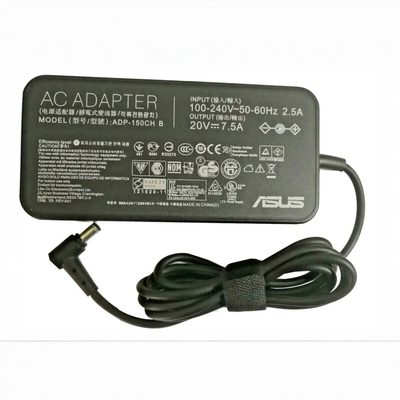 A black ASUS 150W AC adapter with a rating label, a coiled cable held by a Velcro strap and a barrel connector