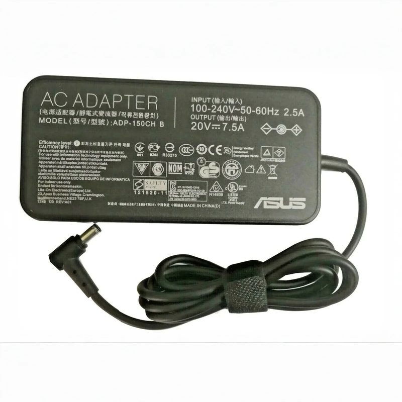 A black ASUS 150W AC adapter with a rating label, a coiled cable held by a Velcro strap and a barrel connector
