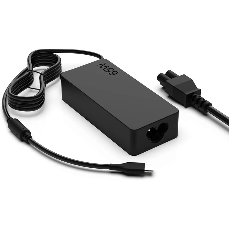 A black 65W USB-C laptop charger with a coiled cable and a detachable power cord