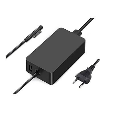 A black Microsoft Surface 65W power adapter with a Surface connector, a USB port and a power cord
