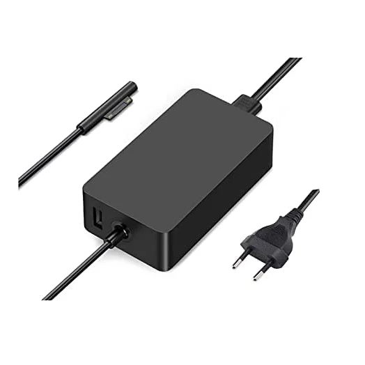 A black Microsoft Surface 65W power adapter with a Surface connector, a USB port and a power cord