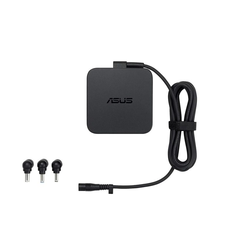 A compact black ASUS 65W universal charger with a coiled cable and three interchangeable connector tips