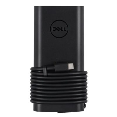 A black Dell 165W USB-C laptop charger with the cable wrapped around the adapter
