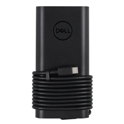 A black Dell 165W USB-C laptop charger with the cable wrapped around the adapter