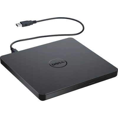 A slim black Dell external DVD writer with an attached USB cable