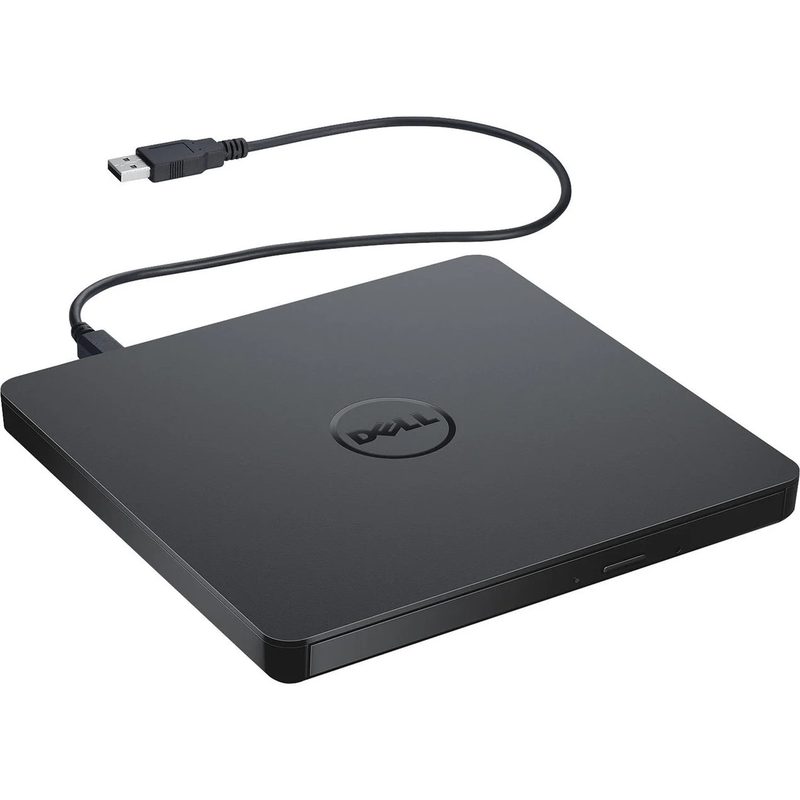 A slim black Dell external DVD writer with an attached USB cable
