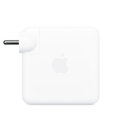 A white Apple 96W USB-C power adapter with a folding plug