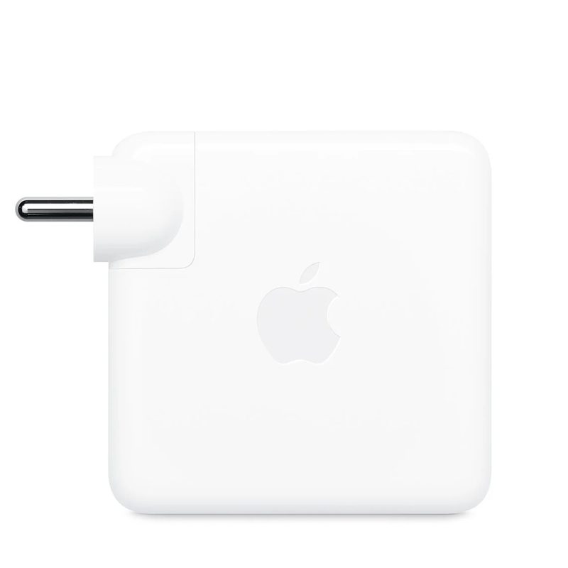 A white Apple 96W USB-C power adapter with a folding plug