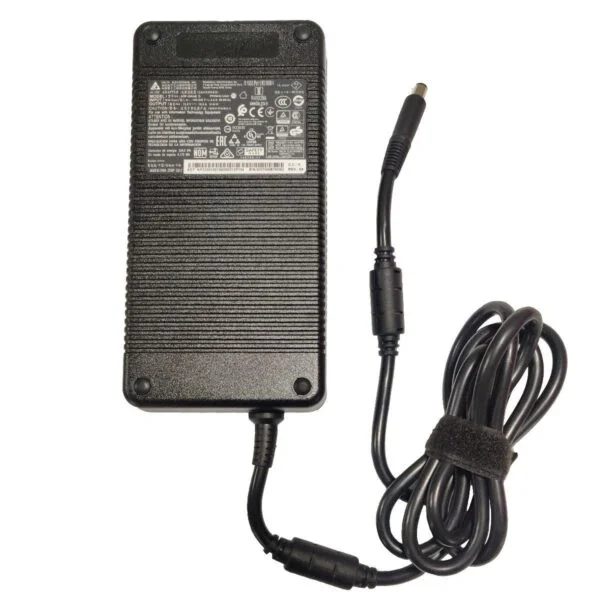 A large black Acer 330W AC adapter with a ribbed body, a rating label and a coiled cable ending in a barrel connector