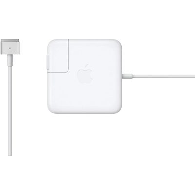 A white Apple 85W MagSafe 2 power adapter with a magnetic T-shaped connector and a long cable