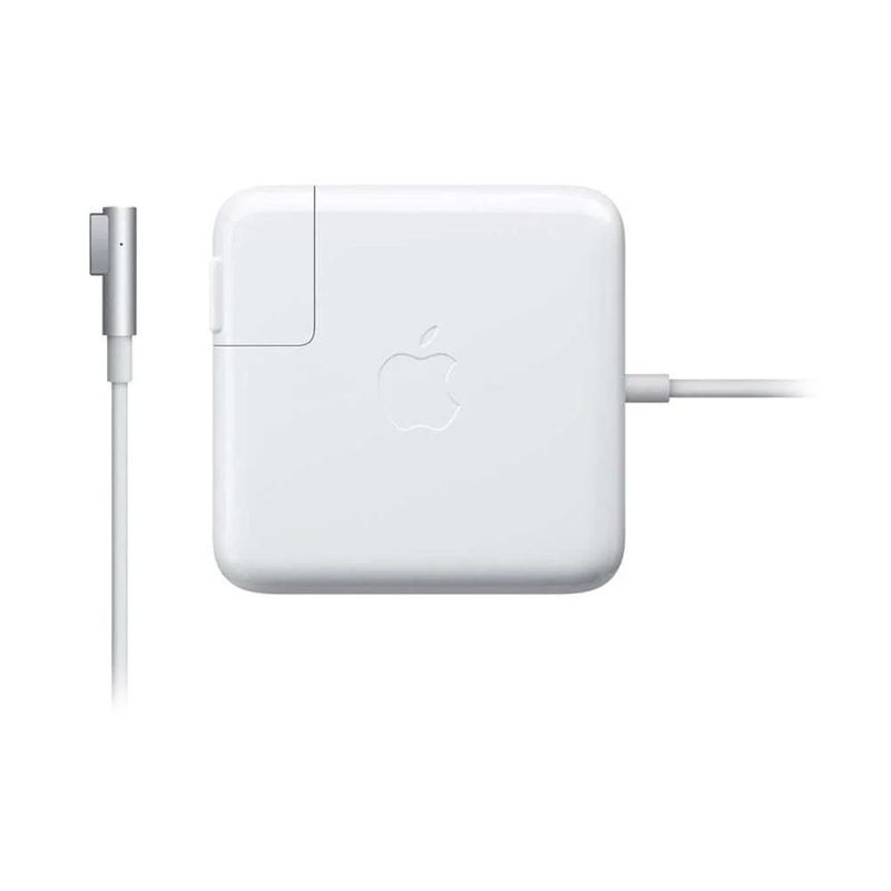 A white Apple 45W MagSafe power adapter with an L-shaped magnetic connector and a folding plug
