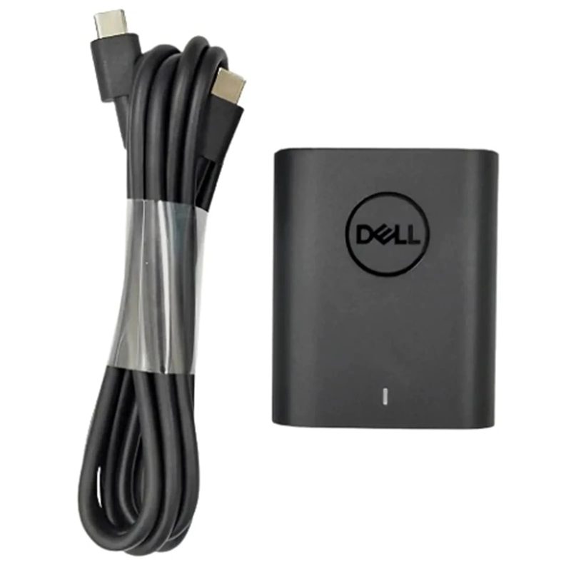 A black Dell 60W USB-C laptop charger with a coiled USB-C cable beside the adapter