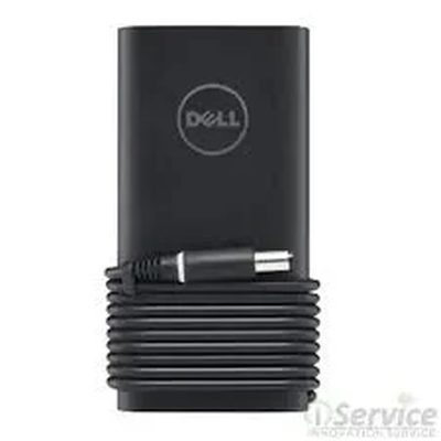 A black Dell 180W oval laptop charger with the cable coiled around it and a barrel connector