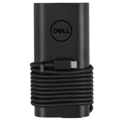 A black Dell 100W USB-C GaN laptop charger with the USB-C cable wrapped around the adapter