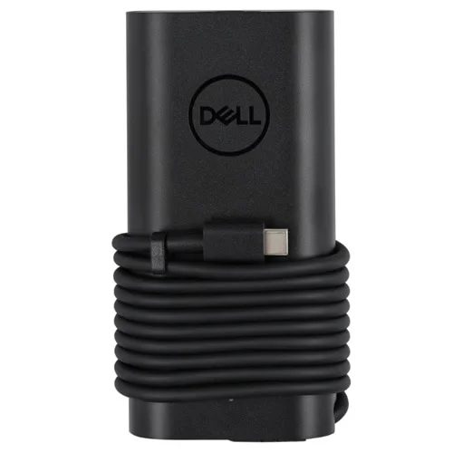 A black Dell 100W USB-C GaN laptop charger with the USB-C cable wrapped around the adapter