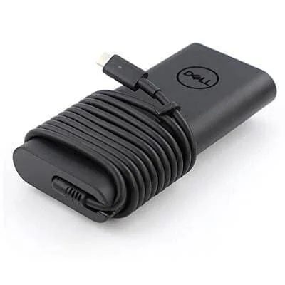 A black Dell 45W USB-C laptop adapter with a USB-C cable wrapped around it