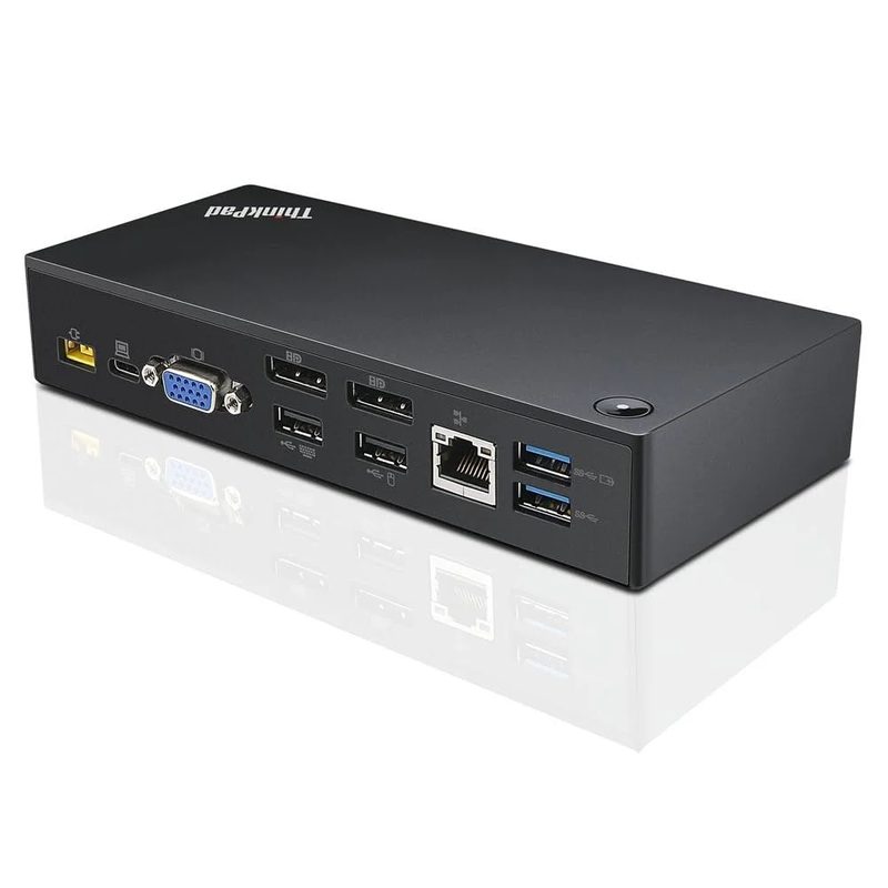 A black Lenovo ThinkPad USB-C dock with two DisplayPort outputs, a VGA port, USB ports, an Ethernet port and a power button