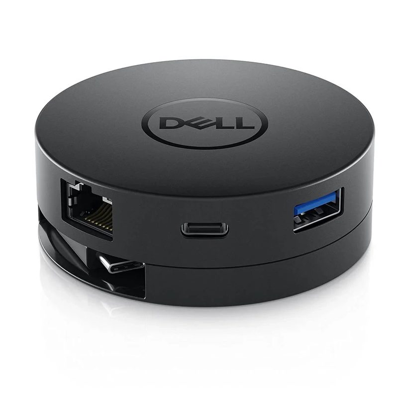 A round black Dell USB-C mobile adapter with an Ethernet port, a USB-C port, a USB-A port and a retractable USB-C cable