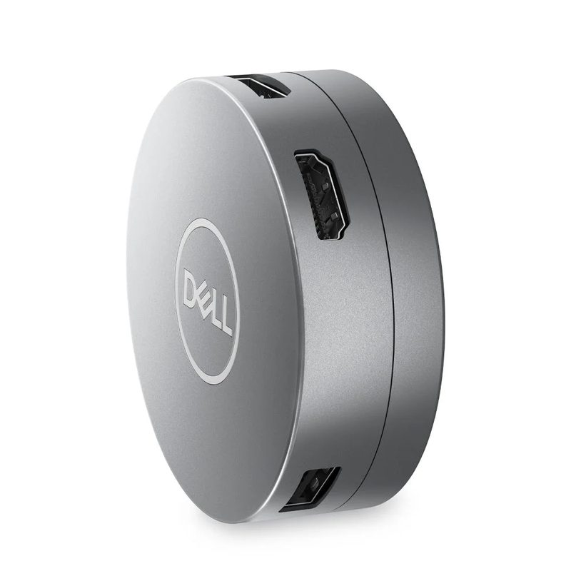 A round silver Dell 6-in-1 USB-C multiport adapter seen from the side with an HDMI port and other ports