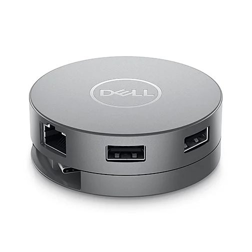 A round silver Dell Pro 7-in-1 USB-C travel hub with an Ethernet port, a USB-A port and an HDMI port