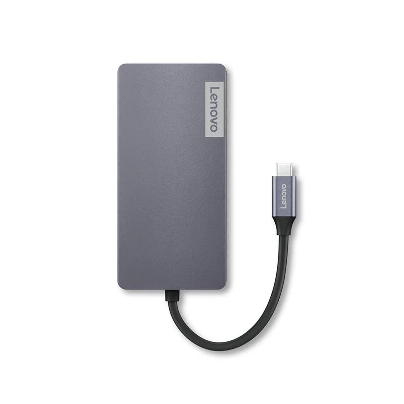 A grey Lenovo 9-in-1 USB-C travel dock with a short black cable ending in a USB-C connector
