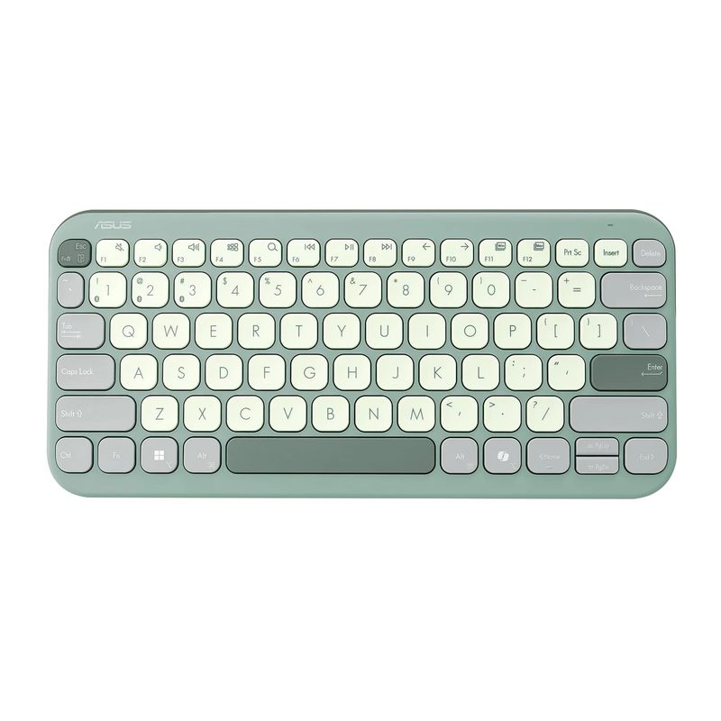 A compact green ASUS Marshmallow wireless keyboard with rounded pastel keycaps and a Copilot key