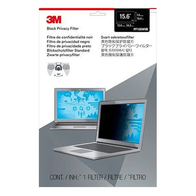A 3M Black Privacy Filter retail pack for 15.6-inch 16:9 laptops, showing the 60 degree viewing angle and a laptop with the filter fitted