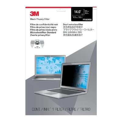 A 3M Black Privacy Filter retail pack for 14-inch 16:9 laptops, showing the 60 degree viewing angle and a laptop with the filter fitted